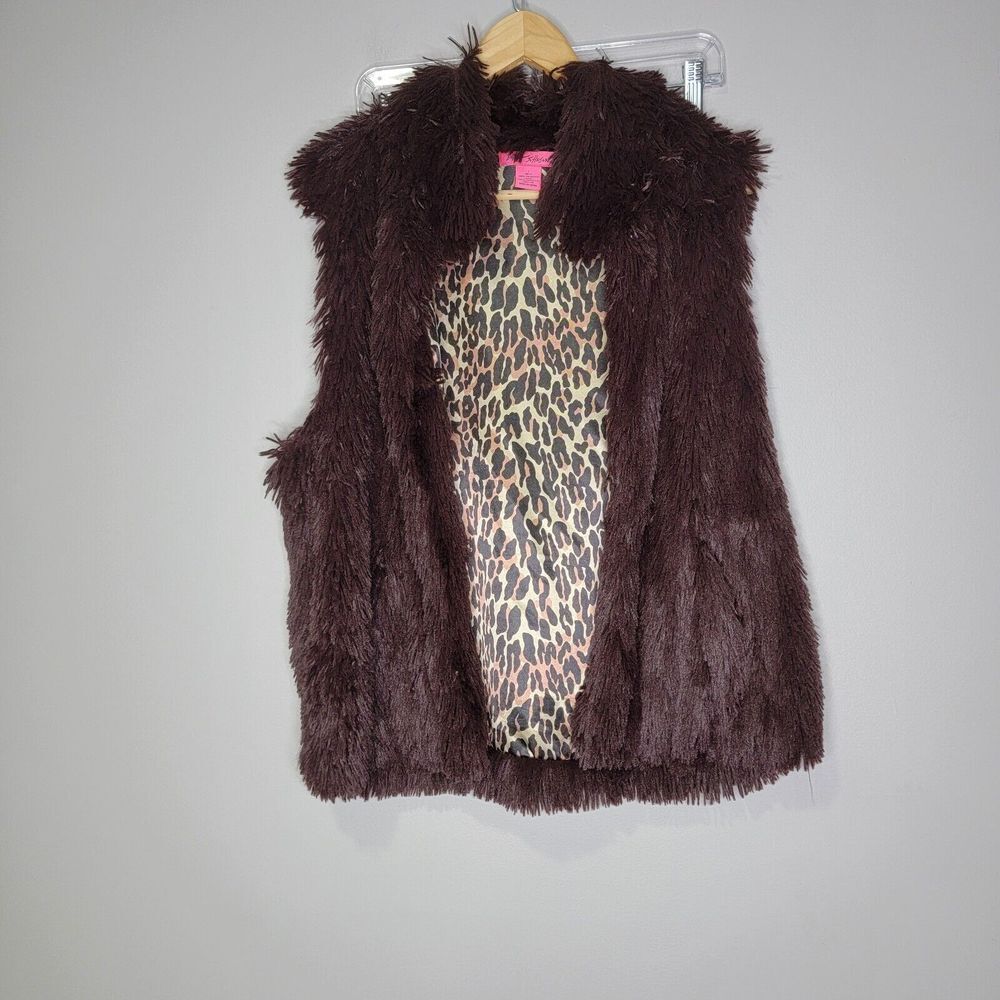 Betsey Johnson Shaggy Faux Fur Large Brown Vest Pockets Lined Soft Lightweight